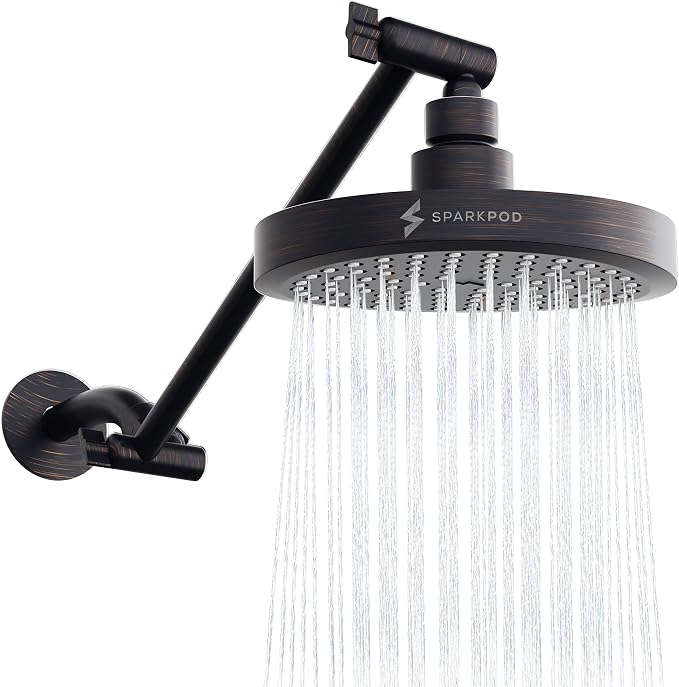 SparkPod 6" Round Rain Shower Head with 11" Shower Arm | Shower Head & Extension Arm Combo, Height Adjustable, High Pressure Performance, Easy 1-Minute Installation,Oil-Rubbed Bronze