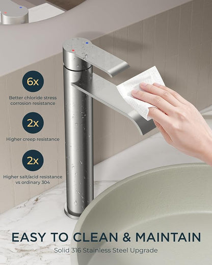 FORIOUS Waterfall Bathroom Vessel Sink Faucet Brushed Nickel Single Hole | Waterfall Brushed Nickel Tall Bathroom Faucet 1 Hole, Silver Bathroom Sink Faucet for Vessel Sink with Drain and Supply Line