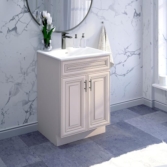 24" Antique White Bathroom Vanity Base – Ready-to-Assemble Sink Cabinet, Freestanding Bathroom Vanity Base Only, No Top or Sink