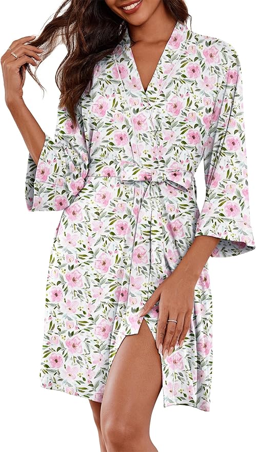 Ekouaer Women Kimono Robes Knee Length Knit Bathrobe Lightweight Soft Sleepwear V-neck Casual Ladies Loungewear