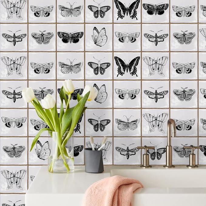 Alwayspon Vinyl Sticker Peel and Stick, Self-Adhesive Wall Tile Transfers Backsplash Sticker Decal for Kitchen Bathroom, 6x6inch/15x15cm 30Pcs, Butterfly T036