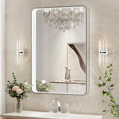 24x32 Inch LED Sliver Frame Bathroom Mirror,ETL Listed | Anti-Fog,3 Color 3000K/4500K/6000K Dimmable,Horizontal & Vertical,Wall Mounted,Memory Function,Ideal for Bathroom,Vanity