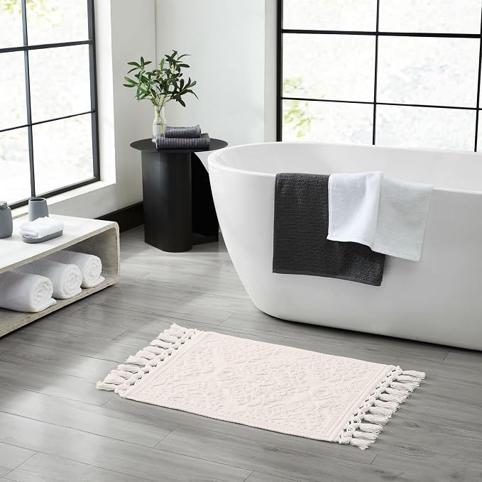 Jean Pierre – Ricardo Bath Mats, Set of 2 Woven Fringe Bathroom Rugs, 100% Cotton, Premium Bathroom Decor - Measures 17" x 31" and 21” x 41”- Ivory