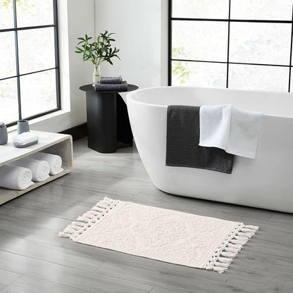 Jean Pierre – Ricardo Bath Mats, Set of 2 Woven Fringe Bathroom Rugs, 100% Cotton, Premium Bathroom Decor - Measures 17" x 31" and 21” x 41”- Ivory