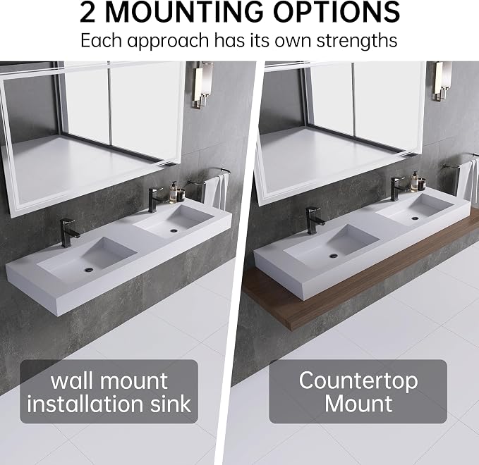 59" Wall Mount Sink Matte Bathroom Vanity Vessel Sinks Artificial Stone Rectanglee Indoor Outdoors Modern Floating or Countertop Freestanding Wall Hang Sink Bowl… (2 Faucet Holes 59'')
