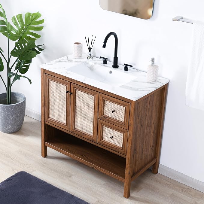JONATHAN Y Jasper 36" Rattan Freestanding Vanity Cabinet Only, Walnut | 18" Depth 33" Height, 2-Shelf Storage, Soft-Close Door, Matte Black Hardware, Modern Minimalist Bathroom, MDF Wood Grain