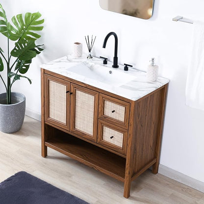 JONATHAN Y Jasper 36" Rattan Freestanding Vanity Cabinet Only, Walnut | 18" Depth 33" Height, 2-Shelf Storage, Soft-Close Door, Matte Black Hardware, Modern Minimalist Bathroom, MDF Wood Grain