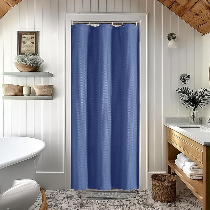 OVZME Stall Fabric Shower Curtain Set - 36x72, Waffle Weave 230GSM Heavy Duty Shower Curtains for Narrow Stall Size, Machine Washable Bath Curtain with 12 Plastic Hooks, 36x72 Inch, Blue