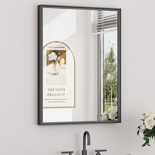 Keonjinn Black Bathroom Mirror 22 x 30 Inch, Stainless Steel Metal Framed Wall Mirror for Over Sink, Anti-Rust, Tempered Glass, Upgrade Installation, Rectangluar Square Corner, Matte Black