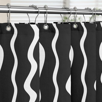 Tititex Cute Curvy Wavy Lines 140gsm Faux Linen Fabric Shower Curtain, Elegant Beige Black Wave Striped Shower Curtain Sets Decoration 72x72 Inch with Hooks
