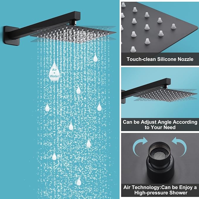 10 Inch Shower Faucet Set, Wall-Mounted Rainfall Shower System with High Pressure Handheld Shower Head, Bathroom Mixer Shower Set Wall Mounted Rough-in Valve and Trim Kit, Matte Black