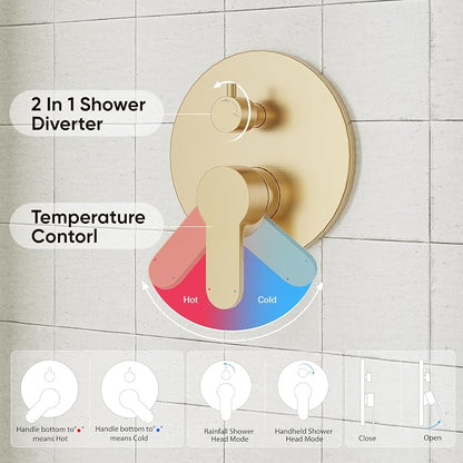 Gabrylly Gold Shower Head System, Shower Faucet Set with Pressure Balance Shower Valve, 10 Inch Shower Heads with 5-Setting handheld Spray Combo, High Pressure Shower Fixtures, Brushed Gold