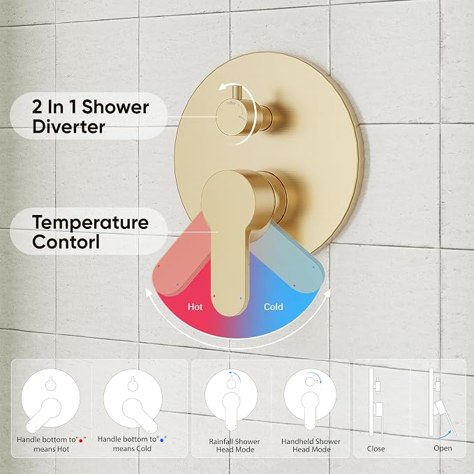 Gabrylly Gold Shower Head System, Shower Faucet Set with Pressure Balance Shower Valve, 12 Inch Shower Heads with 5-Setting handheld Spray Combo Pressure Shower Fixtures Kit, Brushed Gold