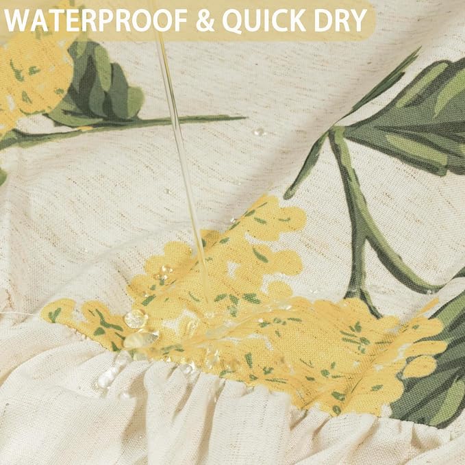 ORTIGIA Linen Textured Ruffle Shower Curtain with Metal Hooks, Vintage Yellow Hydrangea Floral Boho Waterproof Bath Curtain for Rustic Farmhouse Bathroom Decor 72x72 Inch