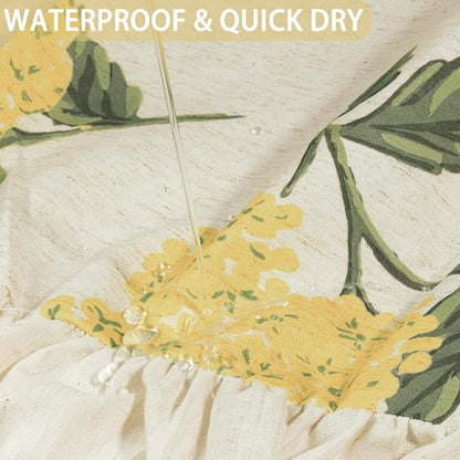 ORTIGIA Linen Textured Ruffle Shower Curtain with Metal Hooks, Vintage Yellow Hydrangea Floral Boho Waterproof Bath Curtain for Rustic Farmhouse Bathroom Decor 72x72 Inch