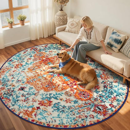 Lahome Reine Bohemian Floral Medallion Round Rug - 6Ft Soft Rug for Living Room Washable Rug for Dining Room, Vintage Faux Wool Non Slip Cute Table Throw Carpet for Coffee Table Nursery Guest Room
