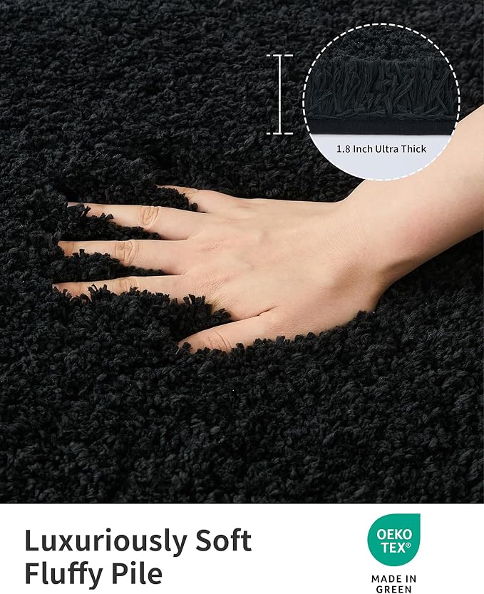 ILANGO Black Bathroom Rugs 48" × 24" Non Slip & Super Absorbent Extra Thick Soft, Washable Bath Mat for Floor, Microfiber Plush Shaggy Bath Rug with Rubber for Bathtub Shower Room Sink