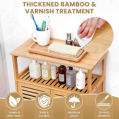 Bamboo Storage Cabinet with Doors, Floor Freestanding Cabinet with Shelves for Bathroom, Kitchen, Living Room