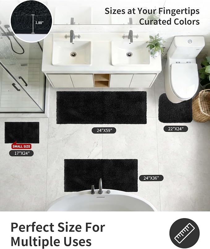 ILANGO Black Toilet Rugs U Shaped 22" × 24" Non Slip & Super Absorbent Extra Thick Soft, Washable Bath Mats for Bathroom Floor, Microfiber Plush Shaggy Contour Bath Rugs for Toilet,Dry Quick
