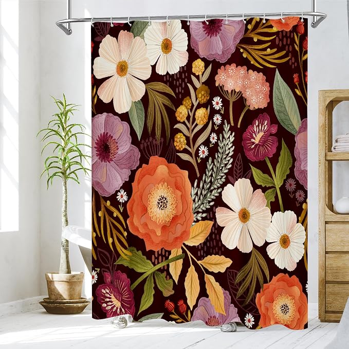 Boho Floral Shower Curtain, Purple Botanical Fabric Curtain, 72 x 72 | Boho Chic Floral, Vintage Botanical, Modern Farmhouse, Eclectic Rustic, Colorful Flowers, Fabric Shower Curtain