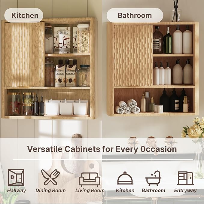 Bathroom Wall Cabinet, Modern Medicine Cabinet with Sliding Door, Storage Cabinet Wall Mounted for Kitchen Dining Room Living Room, Natural Oak