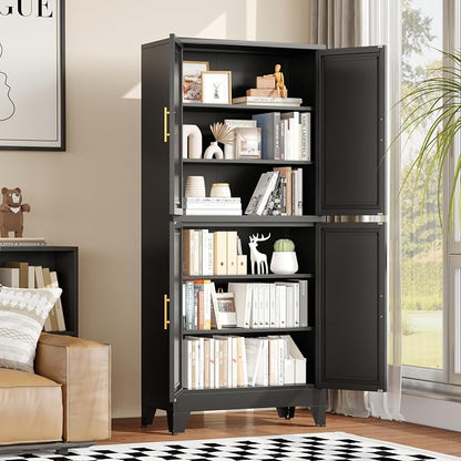 winiowa 75" Tall Kitchen Pantry Cabinet, Metal Storage Cabinet with Doors and Adjustable Shelves, Black Freestanding Pantry Cabinet for Kitchen, Dining Room, Living Room, Laundry Room, Bathroom