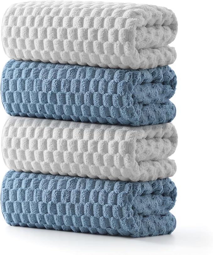 REDKISS Microfiber Bath Towels of 4-27x55 Inches Bath Towel Large, Highly Absorbent Towels for Bathroom, Quick Drying, Super Soft, Lint Free Fluffy Shower Towel for Gym, SPA, Gray, Blue