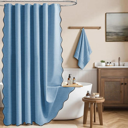 BTTN 80 Inch Shower Curtain, Long Scalloped Boho Linen Textured Heavy Duty Fabric Shower Curtain Set with 12 Hooks, Tall Modern Farmhouse Waterproof Shower Curtains for Bathtub, 72x80, MoonlightBlue