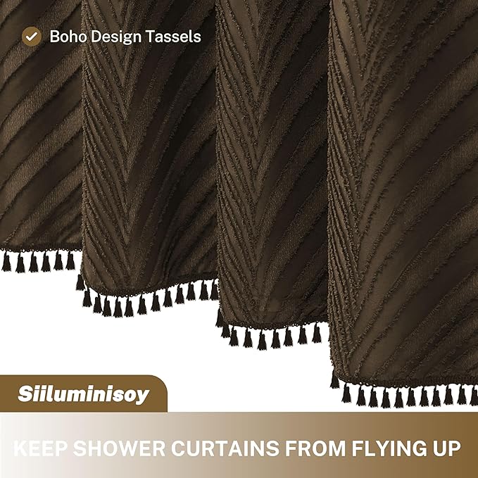 Brown Boho Shower Curtain Woven Fabric Shower Curtain, 72 x 72 Tufted Leaves Textured Striped Modern Farmhouse Minimalist Cloth for Bathroom