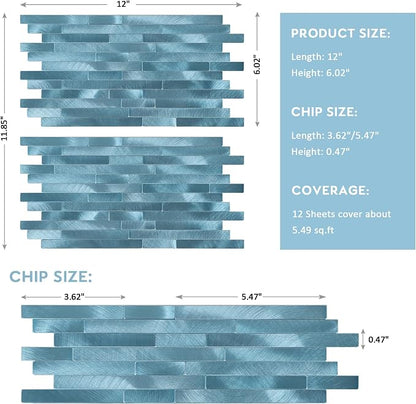 12-Sheet Blue Peel and Stick Backsplash, Brushed Metal Subway Backsplash Linear Tile Stick on Wall Tiles for Kitchen Bathroom Fireplace