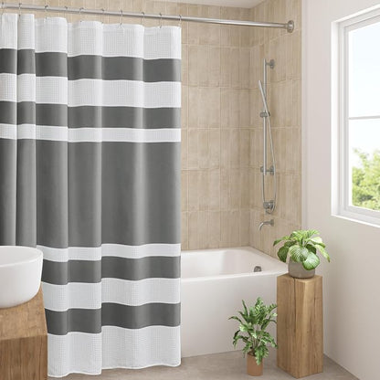 Madison Park Spa Waffle Extra Wide Shower Curtain, 108 x 72, Charcoal | Striped, Pieced Fabric Design, 3M Scotchgard Moisture Management, Hotel Quality, Modern, for Bathroom, OEKO-TEX Certified
