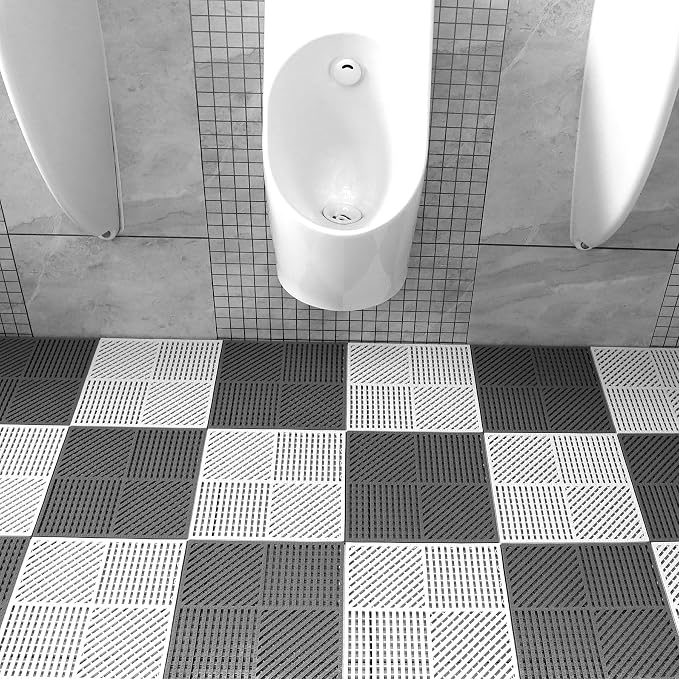 18 Pack Modular Interlocking Floor Mat Outdoor Shower Mat Tiles with Drainage Holes for Swimming Pool Bathroom Shower Sauna Room Garage Boat, 12"×12" Gray+White