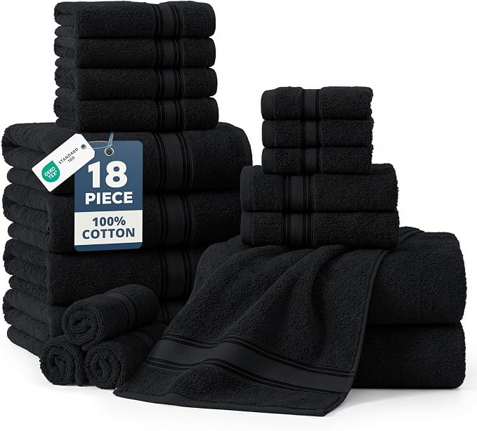 LANE LINEN Large Bath Towel Set Absorbent Quick Dry 100% Cotton - Black | Cotton Towels - Fade-Resistant Color, Classic Terry Weave, Densely Woven, Coordinated Colors, Everyday Durability