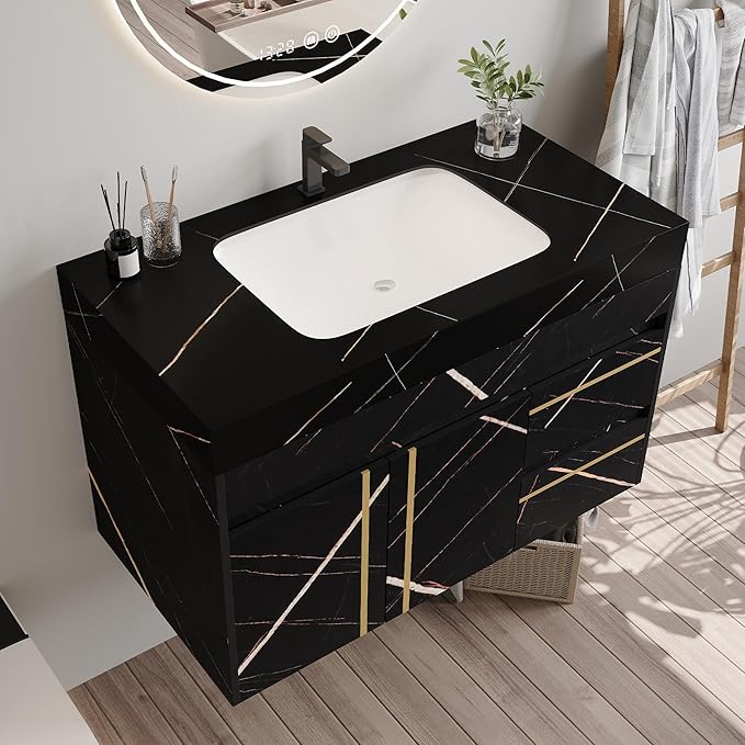 Goujxcy 35.4" Wall Mounted Bathroom Vanity with Sink, Modern Floating Bathroom Cabinet with Ceramic Sink & 2 Drawers, Wood Hanging Bath Room Cabinet with Soft-Close System (Black)