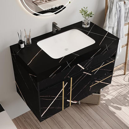 Goujxcy 35.4" Wall Mounted Bathroom Vanity with Sink, Modern Floating Bathroom Cabinet with Ceramic Sink & 2 Drawers, Wood Hanging Bath Room Cabinet with Soft-Close System (Black)