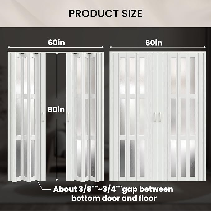 SmartStandard 60" x 80" Double Accordion Doors with Frosted Glass, White | Save Space, Full-Side Magnetic Strip, Double-Layer PVC Accordion Doors Interior for Doorway Closet, Easy to Assemble