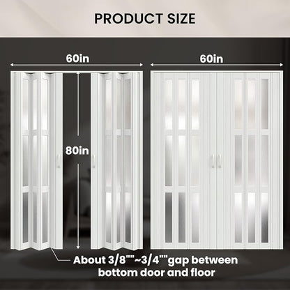 SmartStandard 60" x 80" Double Accordion Doors with Frosted Glass, White | Save Space, Full-Side Magnetic Strip, Double-Layer PVC Accordion Doors Interior for Doorway Closet, Easy to Assemble