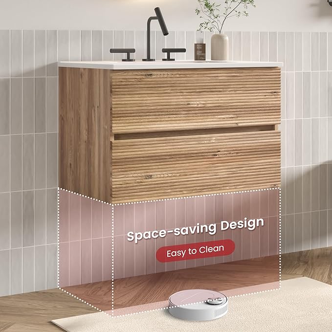 30" Floating Bathroom Vanity with Sink, Modern Wall Mounted Floating Vanity with Ceramic Sink, Double Soft-Close Drawers for Small Space, Apartment, Rough Oak