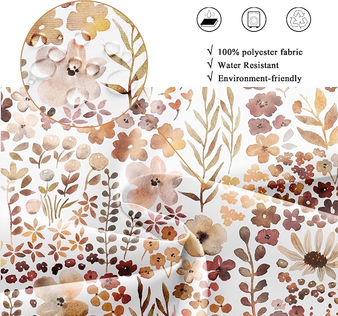 Fall Autumn Cute Floral Flower Nature Rustic Bathroom Shower Curtain Set | 72"W x 72"H Watercolor Botanical; waterproof HD print, quick-dry fabric with 12 hooks for easy hanging.