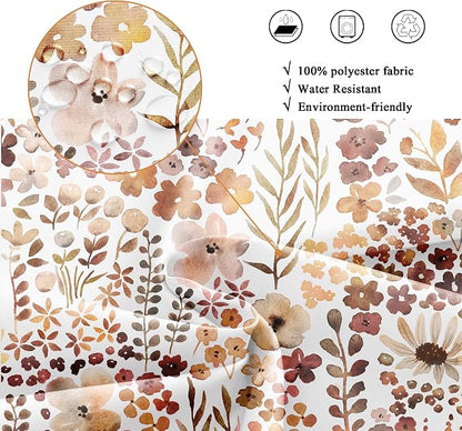 Fall Autumn Cute Floral Flower Nature Rustic Bathroom Shower Curtain Set | 72"W x 72"H Watercolor Botanical; waterproof HD print, quick-dry fabric with 12 hooks for easy hanging.