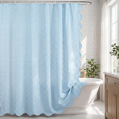 HunnmingRe Scalloped Gingham Shower Curtain Light Blue | 72'' x 72'' Vintage Farmhouse Curtain, Cotton Cottage Core Rural Checkered Plaid Decor, Fall Shower Curtain for Bathroom