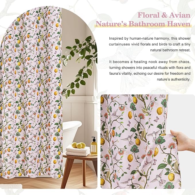 Pink Floral Bird Shower Curtain 72x72, Hummingbird and Lemon Botanical Fabric Bath Curtains, Lightweight Quick-Dry Bathroom Decor Set with Hooks