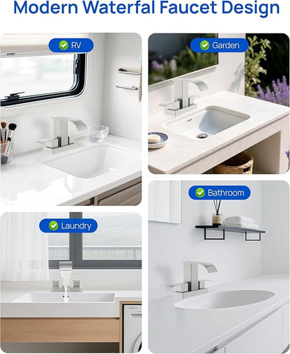 Waterfall Bathroom Sink Faucet Set with Pop Up Drain Stopper & Supply Lines - 4 Inch 2 Handles Centerset Faucet 2 or 3 Hole Lavatory Faucet Bathroom Vanity Mixer Tap Basin Faucets Brushed Nickel