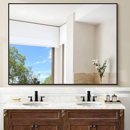 Black Bathroom Mirror, 48"X36" Rectangle Mirrors for Wall Metal Frame, Modern Vanity Wall Mirror for Bathroom Living Room, Entryway Hangs Horizontal or Vertical