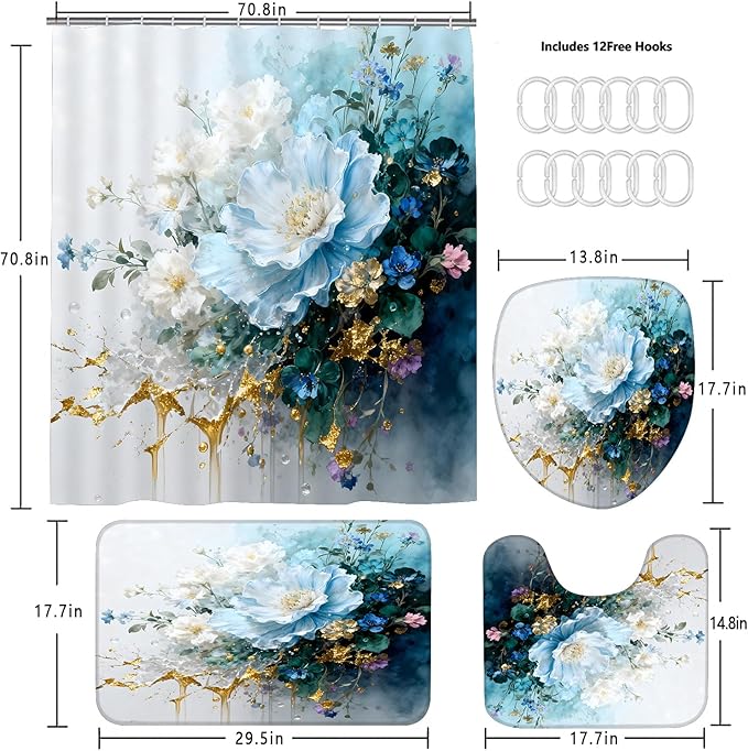 AZHM Watercolor Floral Shower Curtain Set 4PCS Blue and White Delicate Floral Farmhouse Bathroom Accessories Set, Includes Rugs and 12 Hooks