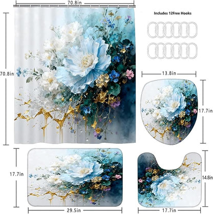 AZHM Watercolor Floral Shower Curtain Set 4PCS Blue and White Delicate Floral Farmhouse Bathroom Accessories Set, Includes Rugs and 12 Hooks