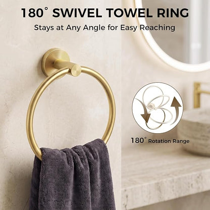 5 Piece 23.6 Inch Brushed Gold Bathroom Hardware Accessories Set | Stainless Steel Bath Extended Towel Bar, Toilet Paper Holder with Shelf, Round Towel Ring Wall Mounted, Towel Hooks