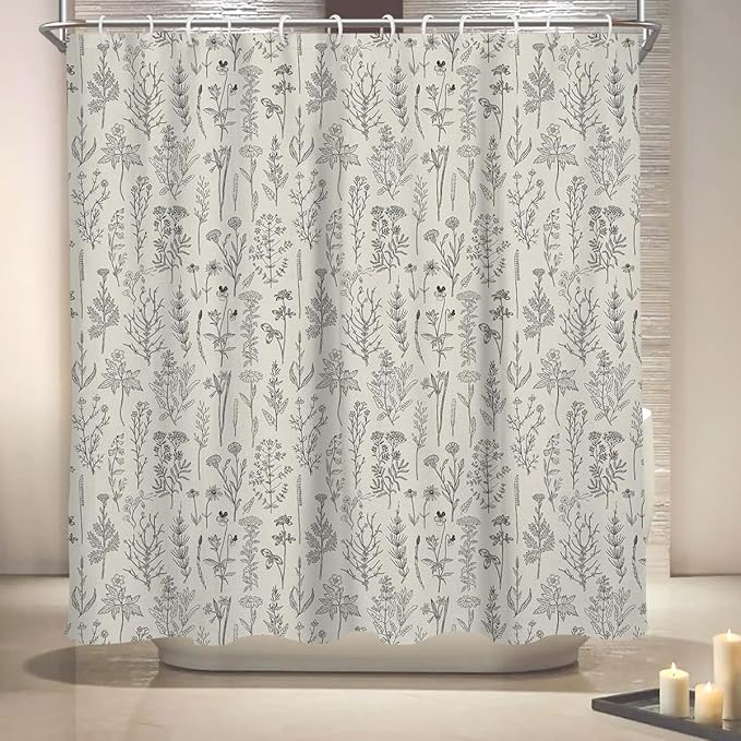 Coxila Vintage Floral Shower Curtain Long Wide Beige Flower Retro Farmhouse Rustic Cream Country Ivory Botanical Spring Boho Cute Plant Nature Bathroom 72 x 72 Inch Polyester Fabric 12 Pack Hooks