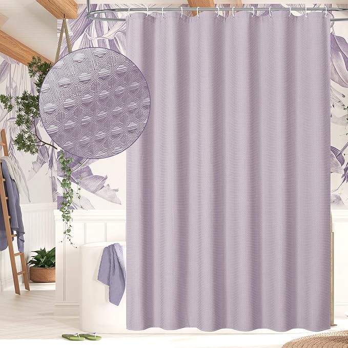 MitoVilla Extra Long Shower Curtain 72 x 84, Purple 84 inch XL Waffle Fabric Shower Curtains for Modern Luxury Bathroom Decor, Waffle Weave Textured Weighted Shower Curtain 84 inch, Lavender
