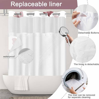 No Hook Shower Curtain and Liner Set, Red Boho Floral 71x74 | Watercolor Boho Flower, with Snap in Liner, Waterproof, Machine Washable, Quick-Drying, for Hotel Bathroom